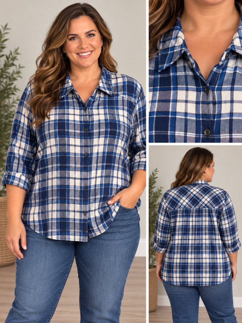 Lands' End Flannel Button-Down Long Sleeve Shirt Women's Navy, White Plaid 2X
